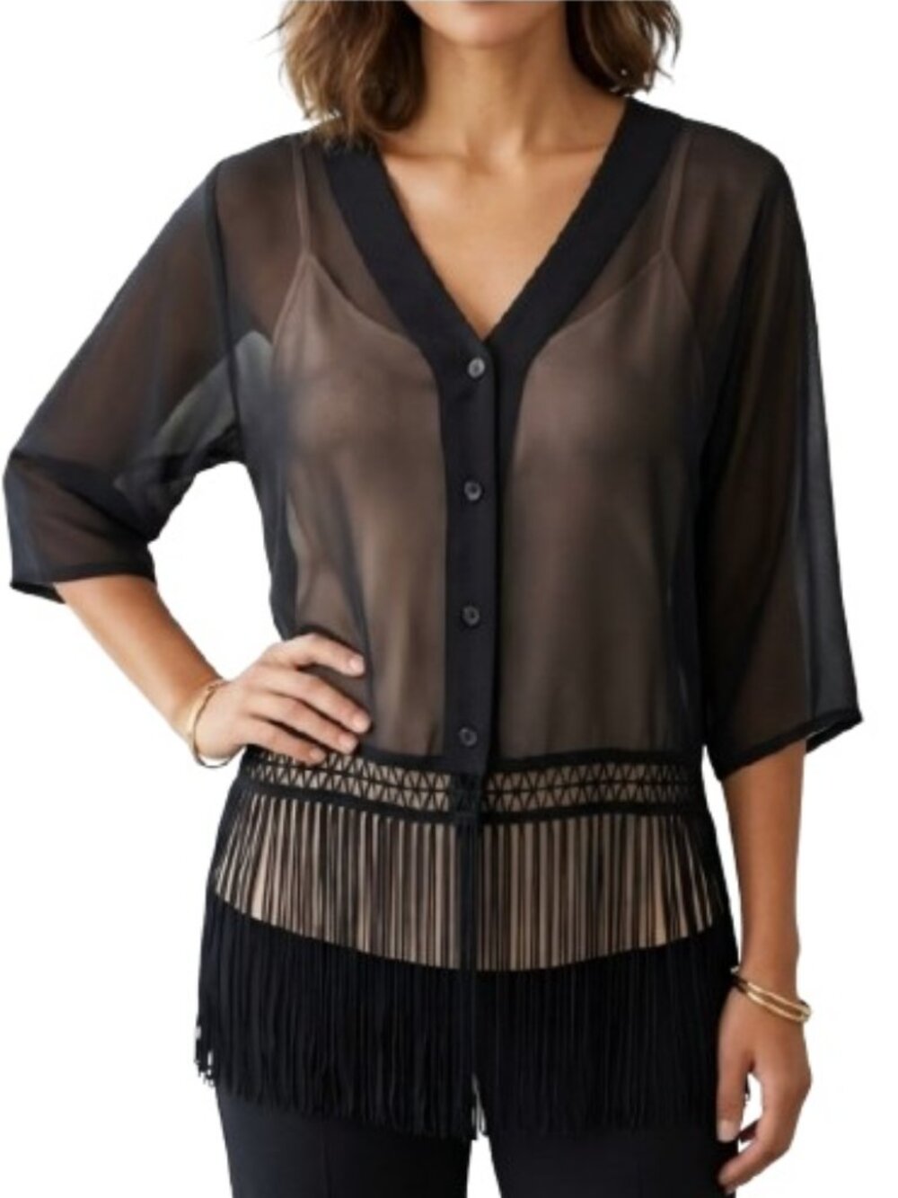 H&M Divided Black Sheer Button-Up Blouse NWT Fringe Hem V-Neck Solid